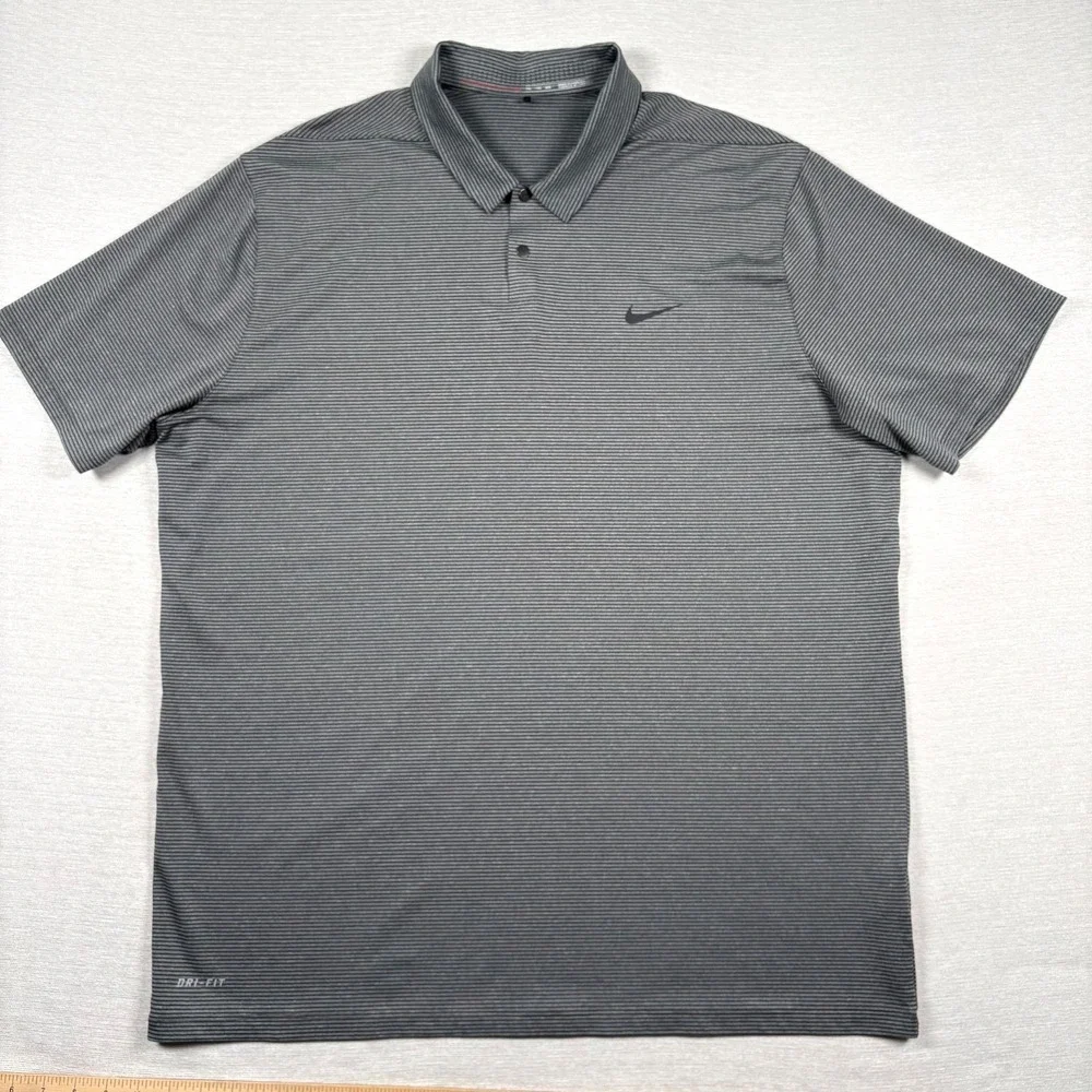 Nike Tiger Woods Control Stripe Polo Shirt Mens XXL Gray Black Striped Snap Up
